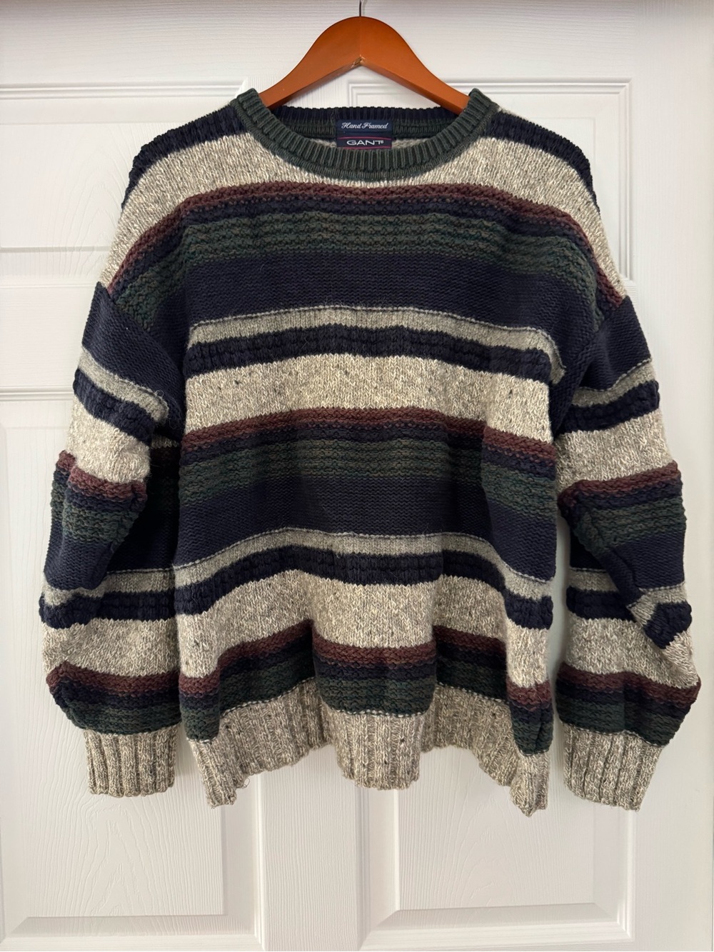 GANT Hand Framed Striped Chunky Knit Sweater L Large Wool Blend